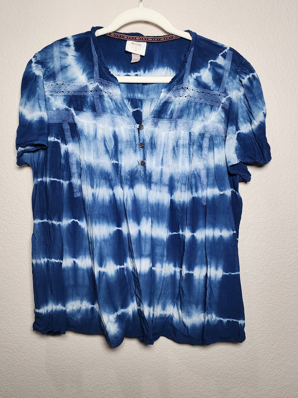 Blue Tie-Dye V-Neck Button Front Blouse